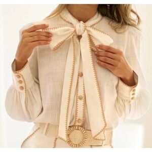 EB luxe LA linen blend button down shirt women's large Long Sleeve Blouse Bow